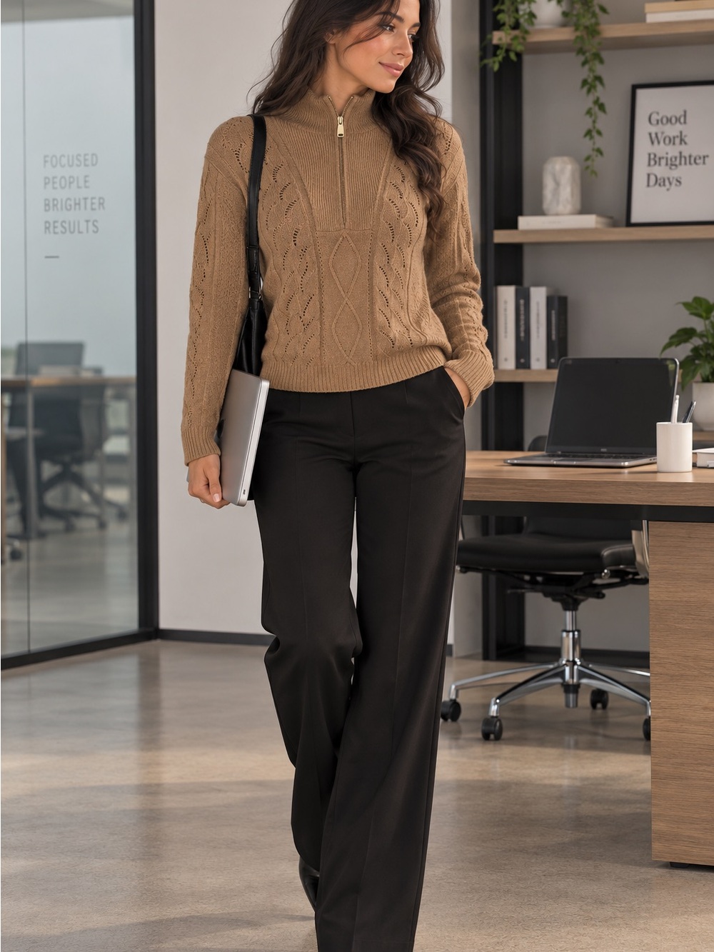 Women  Half-Zip Cable Knit Sweater in Tan